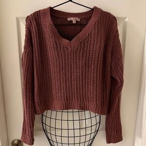 Love Tree Small Mauve Chenille V Neck Chunky Knit Cropped Sweater Women